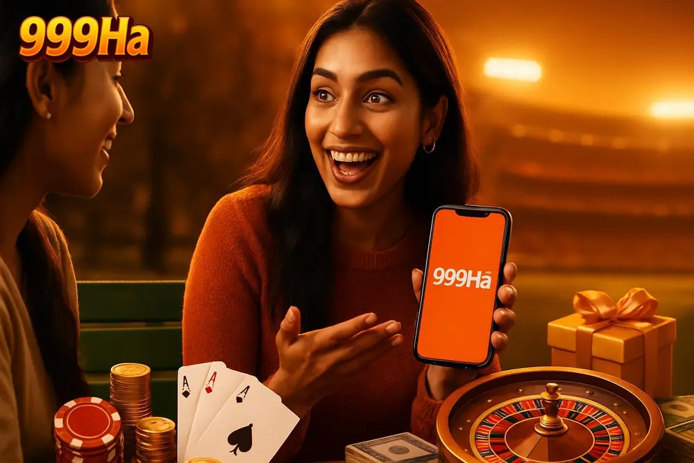 999Ha App โ a young Pakistani woman showing her phone screen excitedly to a friend while sitting on a park bench 999Ha App โ a young Pakistani woman showing her phone screen excitedly to a friend while sitting on a park bench