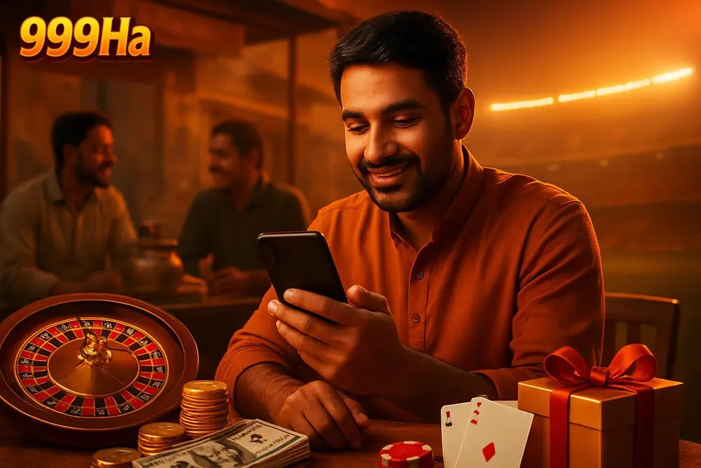 999Ha App โ a Pakistani man downloading an app on his smartphone while sitting outside a tea stall with friends nearby 999Ha App โ a Pakistani man downloading an app on his smartphone while sitting outside a tea stall with friends nearby