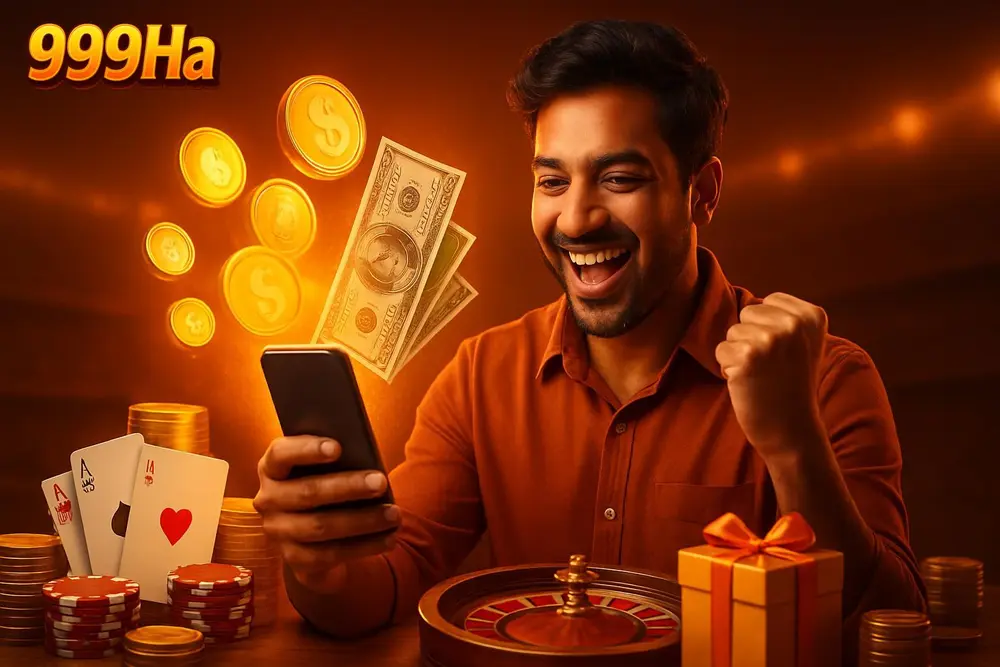 999Ha Deposit โ a happy Pakistani man celebrating as glowing coins and banknotes fan out around a mobile-wallet 999Ha Deposit โ a happy Pakistani man celebrating as glowing coins and banknotes fan out around a mobile-wallet