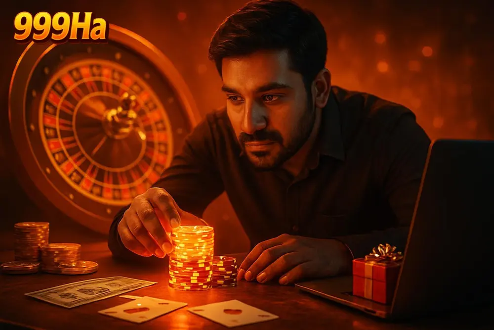 999Ha Games โ a Pakistani man leaning over a table stacked with glowing chips as a spinning wheel lights up behind him 999Ha Games โ a Pakistani man leaning over a table stacked with glowing chips as a spinning wheel lights up behind him