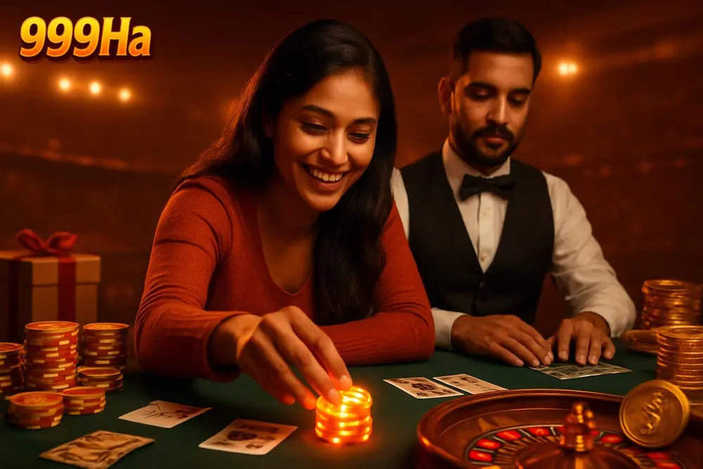 999Ha Games โ a young Pakistani woman smiling as she places glowing casino chips at a table with playing cards and a 999Ha Games โ a young Pakistani woman smiling as she places glowing casino chips at a table with playing cards and a