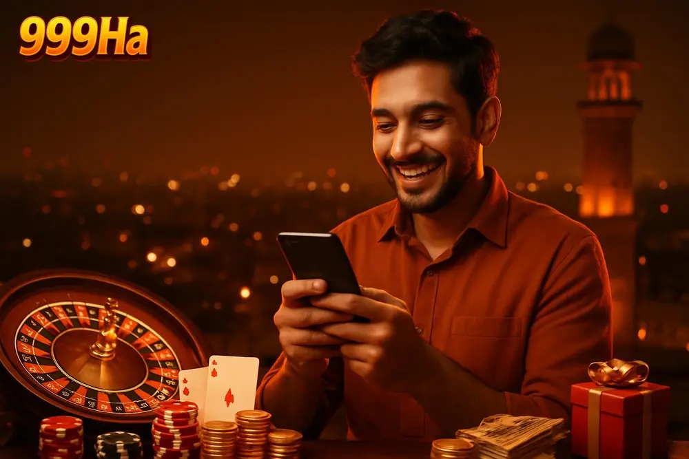 999Ha Pakistan โ a young Pakistani man smiling while using his smartphone on a rooftop in Lahore with city lights 999Ha Pakistan โ a young Pakistani man smiling while using his smartphone on a rooftop in Lahore with city lights