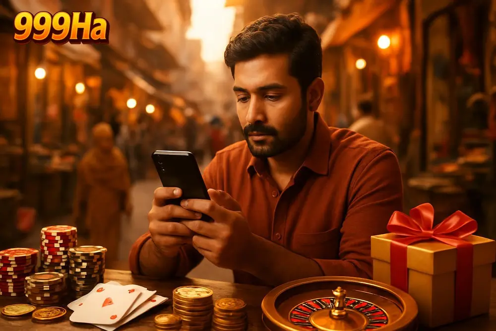 999Ha Login โ a Pakistani man entering his login details on a smartphone while sitting in a busy market with shops 999Ha Login โ a Pakistani man entering his login details on a smartphone while sitting in a busy market with shops