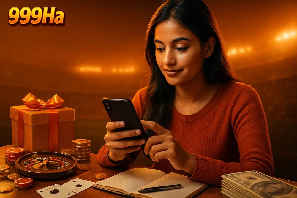 999Ha Register โ a young Pakistani woman filling out details on her smartphone while sitting at a wooden desk with a 999Ha Register โ a young Pakistani woman filling out details on her smartphone while sitting at a wooden desk with a