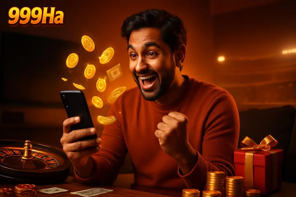 999Ha Withdraw โ a Pakistani man celebrating at home as glowing coins and banknotes appear around his mobile phone 999Ha Withdraw โ a Pakistani man celebrating at home as glowing coins and banknotes appear around his mobile phone