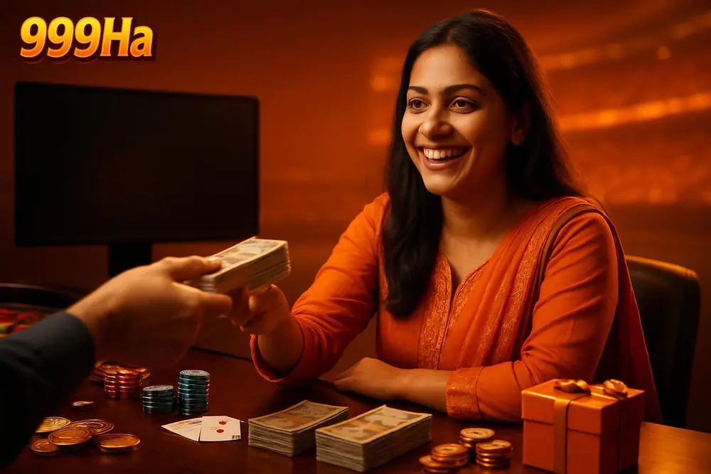 999Ha Withdraw โ a cheerful Pakistani woman receiving a cash payout at a counter with stacks of local currency on 999Ha Withdraw โ a cheerful Pakistani woman receiving a cash payout at a counter with stacks of local currency on